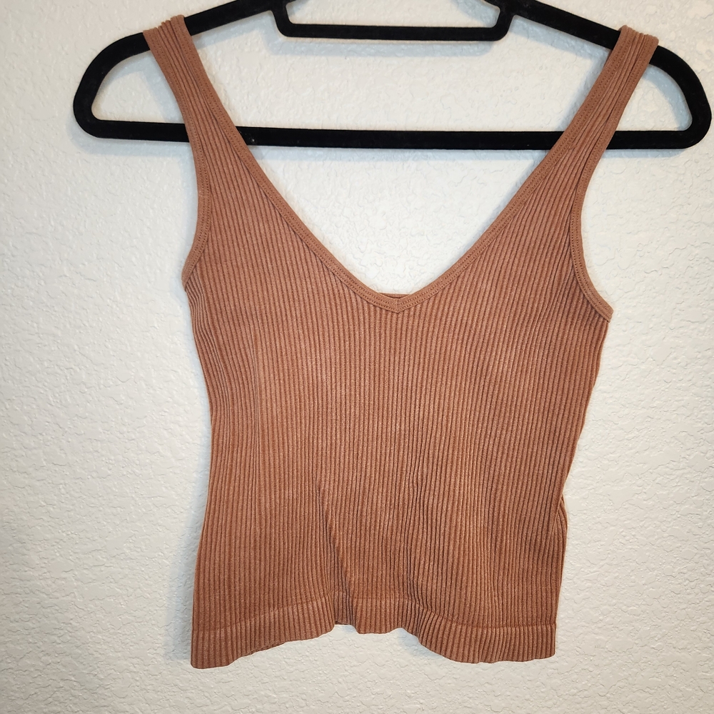 Aura Women's Ribbed Knit Sleeveless Top L XL Beige tan